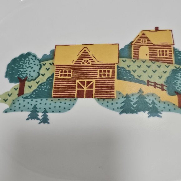 Corelle Corning Landscape Oval Serving Platter 12" red rim logcabin trees feilds - Picture 5 of 10